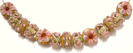 Бусины стеклянные лэмпворк, набор "Карамель с розовыми цветами", арт. 14